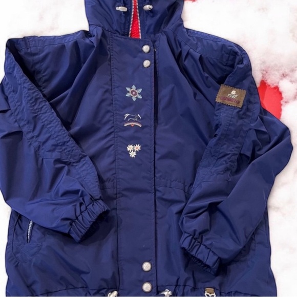 Obermeyer Vintage Rosi Snow Jacket Shell Hooded Blue Gold and Red Women SZ10 - Picture 14 of 16